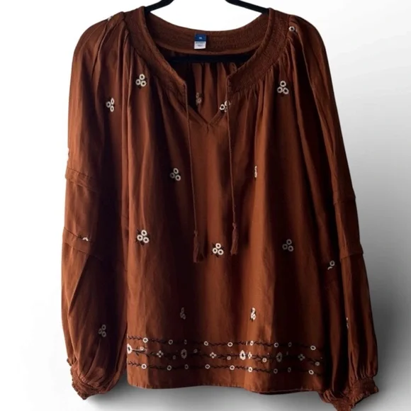 OLD NAVY Floral Embroidered Smocked Tie-Neck Long-Sleeve Blouse XL EUC Boho - Picture 3 of 10